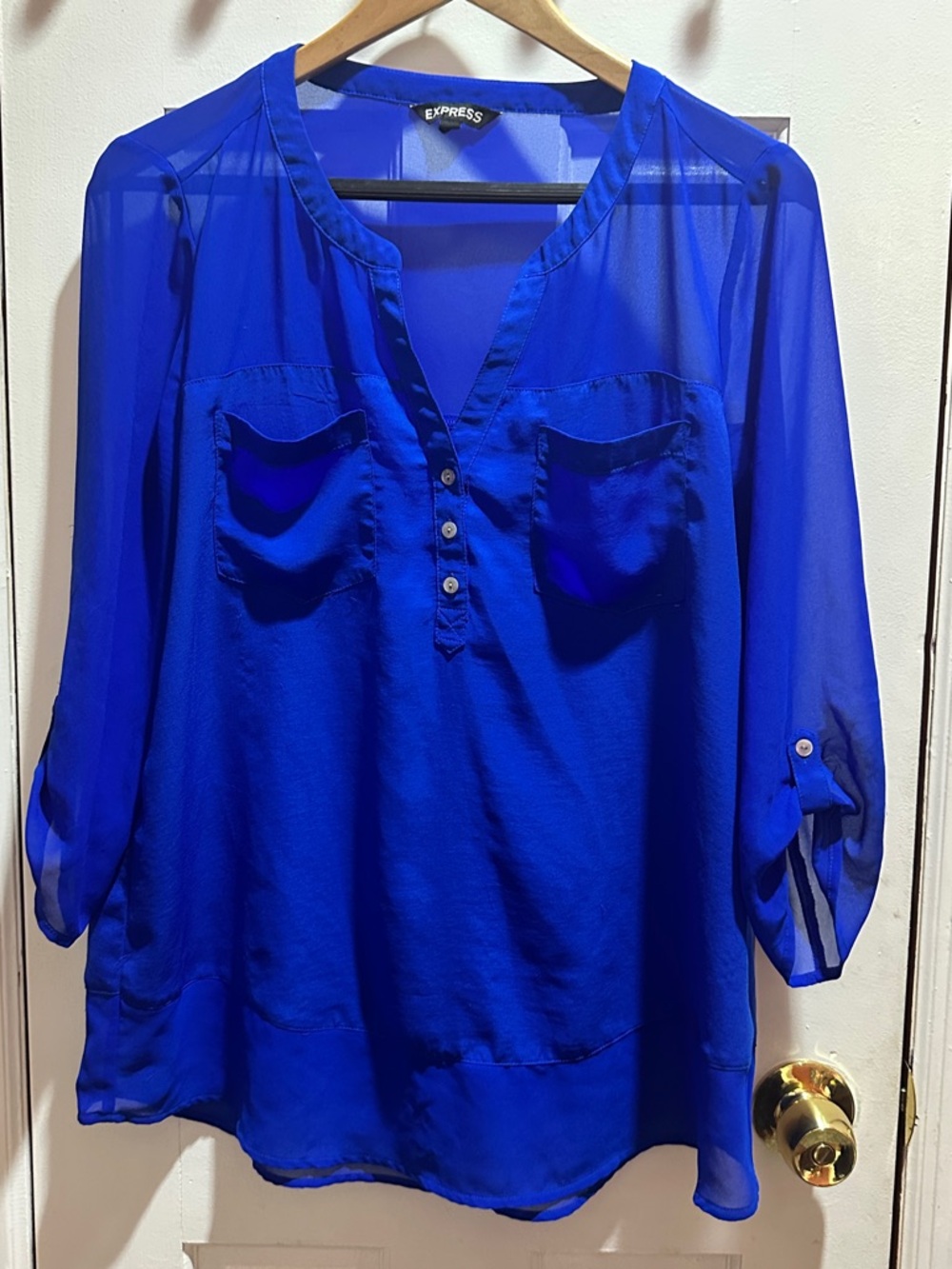 Express Women's Cobalt Blue Sheer Split-Neck Blouse